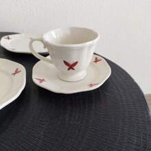 Ins 风格白色红色蝴蝶结图案杯子，微波炉适用陶瓷杯，咖啡杯，茶杯带碟套装 - 蝴蝶圖案 杯碟套裝 - 查看 12