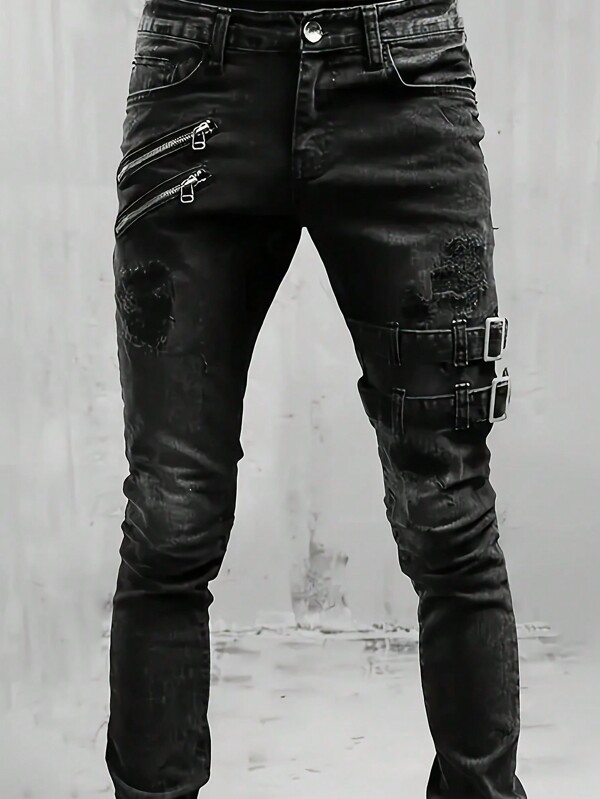 1pc Men's Slim Fit Casual Street Style Black Denim Jeans