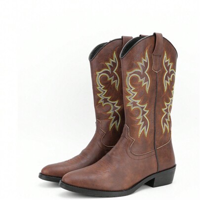 Men's Western Cowboy Boots With Retro Pu Leather Embroidery Decoration, Thick Heel And Wide Legs, Casual Style, Square Toe Design, Easy To Put On And