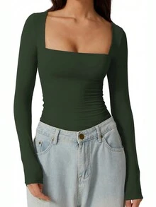 Vaiaye Damen Frühling/Sommer Y2K Quadratischer Ausschnitt Langarm Figurbetontes T-Shirt, einfarbiges sexy Top, geeignet für den Valentinstag - Armeegrün - Übersicht 11