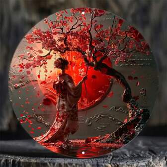 8x8 Inch Round Metal Wall Art Print - Japanese Woman In Kimono With Cherry Blossom Tree | UV Resistant & Scratch-Proof, Easy Hanging For Outdoor/Indoor Decor, Perfect For Vintage Decor Wall Art, Wall Decoration, Room Decor, Home Decor, Dining Room, Bar, Cafe, Garage, Garden, Indoor & Outdoor, Random Hole Placement