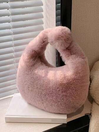 Yogodlns 纯色毛绒饺子包简约风格小众设计仿皮草手提包小号女士腋下流浪包毛皮女士小号半月包奢华保暖毛绒手腕包女士时尚毛茸茸短柄手拿包女士零钱包