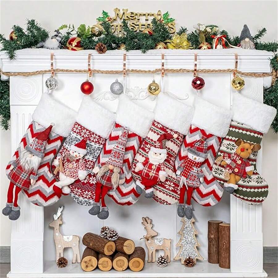 3D Doll Knitted Christmas Stockings 6 Pack Christmas Stockings Knitted 20" Large Family Stocking 3D Dolls For Family Fireplace Hanging Xmas Decorations Holiday Decor - Tất Giáng sinh búp bê dệt kim 3D-6 - Xem 1