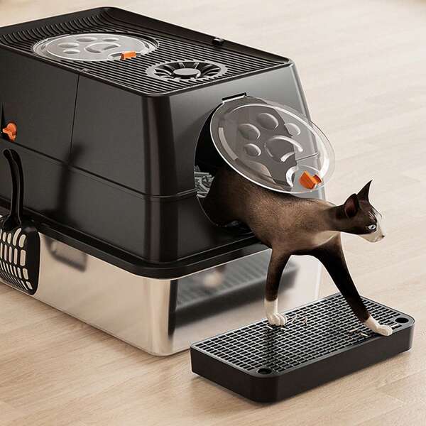 Caja de arena para gatos de acero inoxidable, bandeja de arena para gatos extra grande XL, inodoro para gatos con entrada frontal y salida superior, cerrado, de metal, para control de olores, con tapa extraíble, pala y tapete, anti-fugas, fácil de limpiar