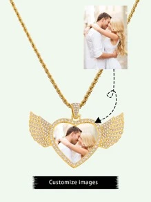 1 pieza Collar personalizado con colgante de metal en forma de ala de ángel y corazón redondo, estilo europeo, unisex, regalo para novio, novia, amigos, boda, San Valentín, Día del Padre, Día de la Madre, cumpleaños, joyería decorada con cristales