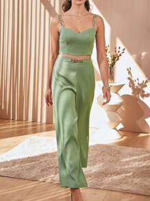 女士纯色褶皱链条背心，度假、外出、聚会