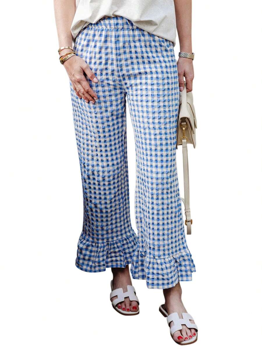 Womens Y2k Gingham Pants Ruffled Straight Leg Lounge Pants Elastic Waist Plaid Wide Leg Loose Trousers Streetwear - 藍色 - 查看 1
