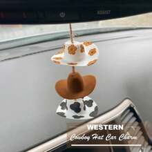 Denim Hat Car Pendant, Countryside Style Rearview Mirror Hanging Decor, Sunflower Denim Hat Cow Print Car Decoration, Cute Handmade Felt Mini Hat Pendant, Home Decor, Room Decor, Wall Decor Gift, Birthday Graduation Gift - Multicolor - View 4