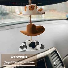 Denim Hat Car Pendant, Countryside Style Rearview Mirror Hanging Decor, Sunflower Denim Hat Cow Print Car Decoration, Cute Handmade Felt Mini Hat Pendant, Home Decor, Room Decor, Wall Decor Gift, Birthday Graduation Gift - Multicolor - View 6