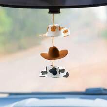 Denim Hat Car Pendant, Countryside Style Rearview Mirror Hanging Decor, Sunflower Denim Hat Cow Print Car Decoration, Cute Handmade Felt Mini Hat Pendant, Home Decor, Room Decor, Wall Decor Gift, Birthday Graduation Gift - Multicolor - View 2