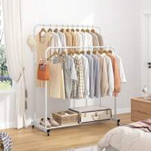 UDEAR Double Rods Garment Rack With Wheels, Clothing Rack For Hanging Clothes,4 Hooks, Multi-Functional Bedroom Clothes Rack, Black,Spring,Minimalist,Summer Tops