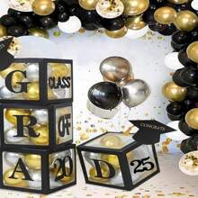 4pcs Black 2025 Graduation Decor, 3D Cube Shaped Balloon Box For Graduation Party Decorations - Black - View 2