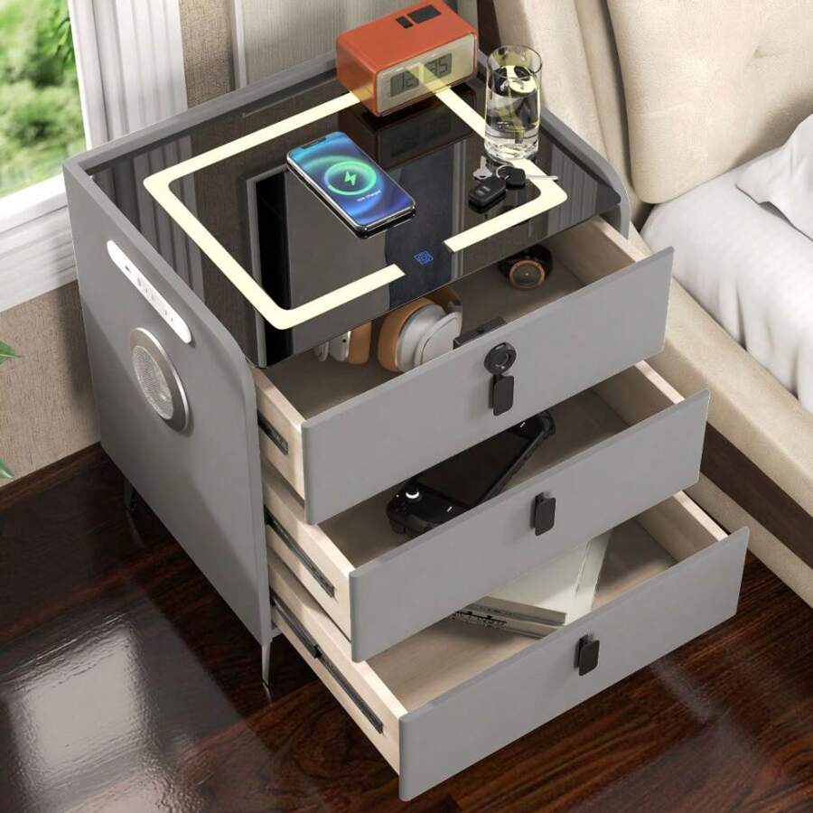 Modern End Side Table Wth Mood Lights & 3 Drawers Bedside Table With Charging Station
