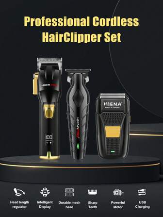 HINEA 3-Piece Hair Clipper Set, High-Power Hair Clipper, T-Shaped Blade Carving Scissors, Compound Shaver With Replacement Blade And Mesh, Men's Cordless Hair Clipper And Trimming Tools, Personal Care Gift Box Set