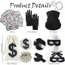 Conjunto de 6 piezas de disfraz de ladrón, incluye máscara de ladrón, bolsa de dinero, guantes para jugar a los ladrones, disfraz de ladrón/ladrona para Halloween - Negro - Ver 2
