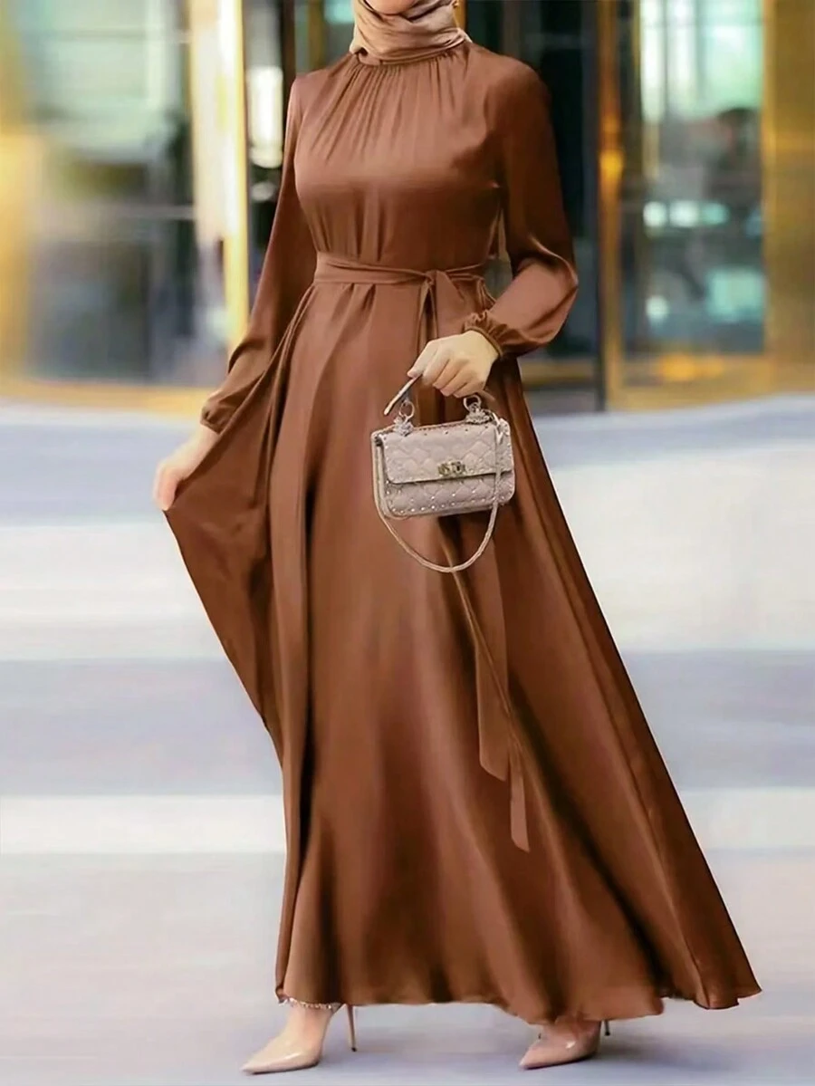 Women's Solid Color Round Neck Lantern Sleeve Elegant Arabic Long Dress - Brown - View 1