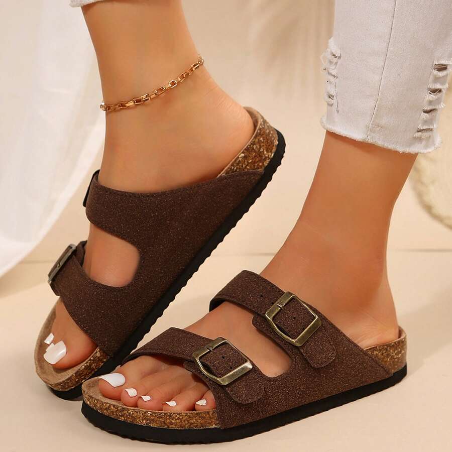 Cork Footbed Slide Sandals For Women - Comfortable With Adjustable Straps - 咖啡棕 - 查看 1