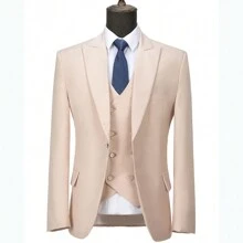 Three Pieces Mens Suit Formal Business Wedding Prom Suit Male Groom, Blazer+Vest+Pant, Slim Fit Tuxedo For Homecoming, Double Breasted, Long - Màu be - Xem 3
