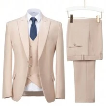 Three Pieces Mens Suit Formal Business Wedding Prom Suit Male Groom, Blazer+Vest+Pant, Slim Fit Tuxedo For Homecoming, Double Breasted, Long - Màu be - Xem 2