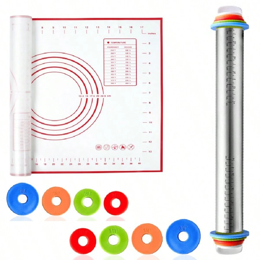 Rolling Pin With Thickness Rings, Fulimax 17" Adjustable Stainless Steel Rolling Pins For Baking - Multicolor - View 1