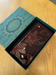 Vintage Embossed Floral Long Wallet For Women Elegant Leather Carved Flower Clutch Purse With Phone Slot Multi-Card Holder Coin Pocket Gifts For Women Valentines - 咖啡棕 - 查看 7