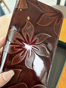 Vintage Embossed Floral Long Wallet For Women Elegant Leather Carved Flower Clutch Purse With Phone Slot Multi-Card Holder Coin Pocket Gifts For Women Valentines - 咖啡棕 - 查看 8