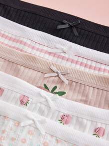 Losowy kolor 5 sztuk seksowna bielizna drukowana słodkie stringi kokarda damskie majtki truskawka stringi prążkowane spodnie dla kobiet w paski T-back elastyczna oddychająca wygodna bielizna