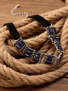 1pc Vintage Western Style Patchwork Deep Blue Choker Necklace, Minimalist & Versatile Fashion Jewelry - Necklace - View 6