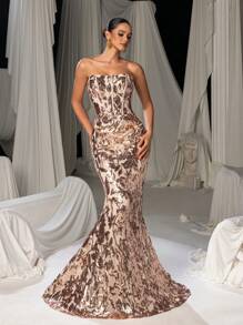 Faeriesty 女士优雅无肩带亮片花卉长款派对礼服 – 撞色随机图案，弹力面料，修身鱼尾裙摆 | 完美适用于正式派对、盛大晚宴和高端活动 | 搭配吸睛珠宝和高跟鞋，打造夏日度假造型