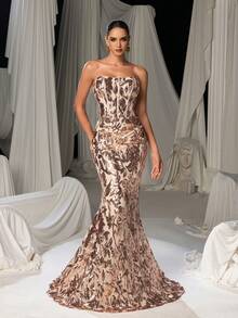 Faeriesty 女士优雅无肩带亮片花卉长款派对礼服 – 撞色随机图案，弹力面料，修身鱼尾裙摆 | 完美适用于正式派对、盛大晚宴和高端活动 | 搭配吸睛珠宝和高跟鞋，打造夏日度假造型