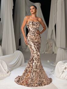 Faeriesty 女士优雅无肩带亮片花卉长款派对礼服 – 撞色随机图案，弹力面料，修身鱼尾裙摆 | 完美适用于正式派对、盛大晚宴和高端活动 | 搭配吸睛珠宝和高跟鞋，打造夏日度假造型