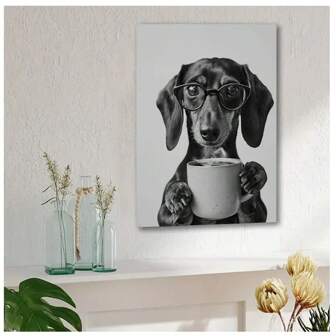 1pc Black & White Canvas Dachshund Sipping Coffee Art - Wall Decor For Home, Perfect Holiday Gift Home Decor Wall Art Poster Unframed