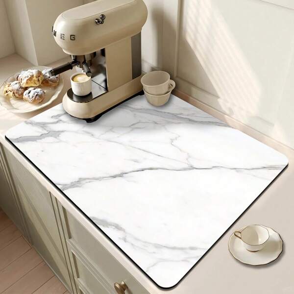 1pc Coffee Machine Absorbent Pad Black And White Marble Pattern Fashion Design Dish Drying Mat Cutlery Drying Mat Multi-Purpose Mat - Quick Dry Multiple Sizes Available - Suitable For Kitchen Countertop Coffee Bar Dining Room Dining Table Bedroom Back To School Accessories Home Decor Holiday Decoration