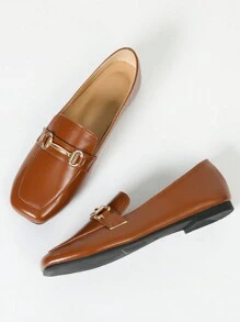 Women Wide Fit Simple Vintage Square Toe Slip-On Flat Shoes With Metal Decor, Versatile