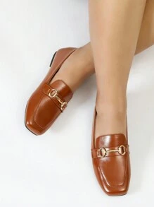 Women Wide Fit Simple Vintage Square Toe Slip-On Flat Shoes With Metal Decor, Versatile