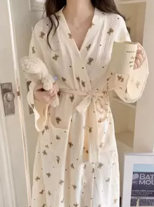 Teddy Bear Print Lightweight Solid Color Robe/Kimono, Minimalist European Style, Long Sleeve, V-Neck, With Pockets, Comfortable Women Lounge Sleepwear Bathrobe, Spring & Autumn Summer Wedding Home Bathroom Decor Back To School