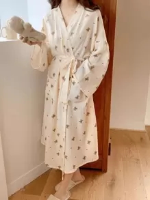 Teddy Bear Print Lightweight Solid Color Robe/Kimono, Minimalist European Style, Long Sleeve, V-Neck, With Pockets, Comfortable Women Lounge Sleepwear Bathrobe, Spring & Autumn Summer Wedding Home Bathroom Decor Back To School