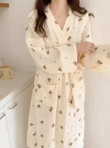 Teddy Bear Print Lightweight Solid Color Robe/Kimono, Minimalist European Style, Long Sleeve, V-Neck, With Pockets, Comfortable Women Lounge Sleepwear Bathrobe, Spring & Autumn Summer Wedding Home Bathroom Decor Back To School