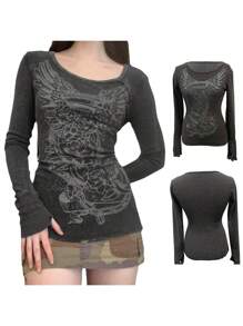 Women Vintage Fairy Grunge T-Shirt Long Sleeve Crew Neck Wings Print Slim Fit Basic Tops Graphic Tees Shirt Y2k Casual Gothic Aesthetic Clothes 90s Streetwear - 深灰色 - 查看 5