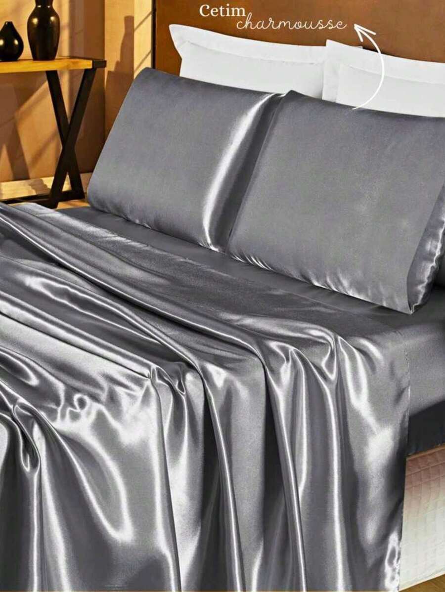 4-Piece Satin Nobre Charmouse Sheet Set Double\Queen\King - Fitted Sheet - Romantic - Bạc - Xem 1