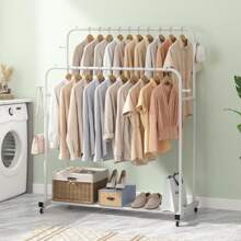 UDEAR Double Rods Garment Rack With Wheels, Clothing Rack For Hanging Clothes,4 Hooks, Multi-Functional Bedroom Clothes Rack, Black,Spring,Minimalist,Summer Tops
