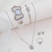 Set de 6 piezas Reloj pulsera de mujer con mariposa plateada y diamantes de imitación, juego de pulsera, anillo, collar y aretes a juego plateados con mariposas y diamantes de imitación, accesorio perfecto para eventos de noche - Plateado - Ver 1