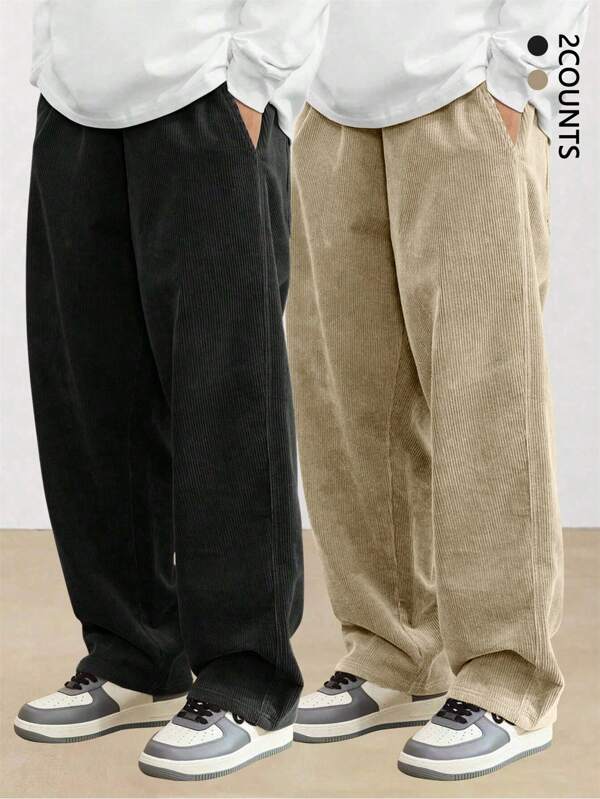2pcs Set Men's Corduroy Straight Leg Casual Pants, Loose And Versatile, Summer