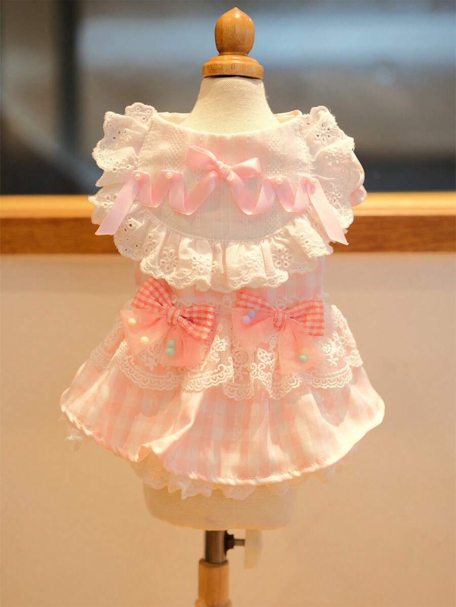 1pc Handmade Pet Dress With Bow Tie & Petal Sleeve Design, For Small/Medium Dogs - Pink - View 1