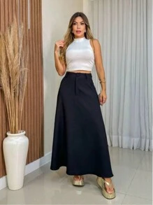 Women's Long Round Skirt Tailoring Evangelical Fashion Casual Basic Winter High Waist Elegant - 黑色 - 查看 2