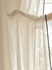 1 件，法式奶油色天鹅绒杆树枝图案，带黑色边缘条，独特设计不透明薄纱窗帘，适用于卧室、客厅装饰 - 米色 - 查看 2