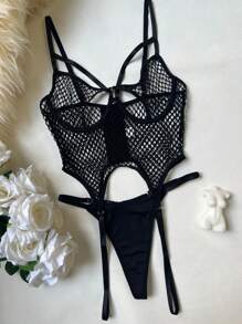 Women Strappy Cut Out Bra Fishnet Teddy Corset Lingerie - Brown - View 2