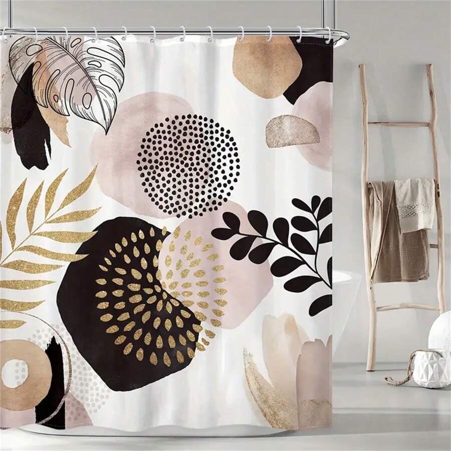 1PC Boho Abstract Mid Century Shower Curtain, Black Pink Gold Leaves Plant Neutral Simple Aesthetic Minimalist Chic Modern Geometric Bathroom Decor Set Fabric 12 Packs Plastic Hooks Fall Decor Bathroom Accessories Back To School