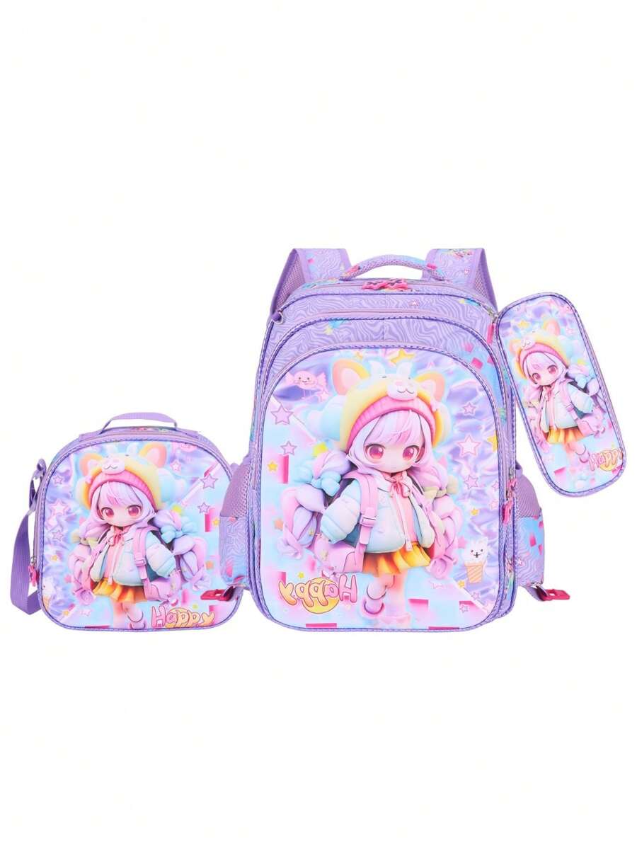 3 In 1 Kit Kids Backpack 3D PU School Bag Set Cute Cartoon Baby Girls - 16A-33-8 - View 1