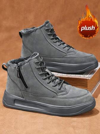 รองเท้าบูทข้อเท้าสำหรับผู้ชมในฤดูหนาว บุซับในด้วยเทอร์มอล ส้นหนาบุ่มบ๊อก บูทหิมะหนังอบอุ่นพร้อมซิปปิด กันน้ำ กันลื่น แฟชั่นสบายๆ คู่รักรองเท้ามอเตอร์ไซค์